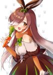  1girl absurdres animal_ears bow bowtie brown_fur brown_gloves brown_hair brown_skirt carrot center_frills commentary_request crumbs elbow_gloves european_hare_(kemono_friends) frills fur_collar fur_trim gloves gradient_gloves gradient_hair green_bow green_bowtie hair_bow hair_over_one_eye highres kemono_friends long_hair multicolored_hair noamem off-shoulder_shirt off_shoulder orange_eyes rabbit_ears rabbit_girl rabbit_tail shirt short_sleeves skirt solo tail two-tone_gloves two-tone_hair white_gloves white_hair white_shirt 