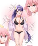  2girls :o bikini blush breasts cleavage genshin_impact highres large_breasts lemon_t multiple_girls pink_hair ponytail purple_eyes purple_hair raiden_shogun smile sparkle swimsuit wide-eyed yae_miko yuri 