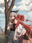  2girls absurdres animal_ears arknights bare_tree black_shirt black_shorts blue_shorts blue_sky city cloud cloudy_sky cowboy_shot cup demon_girl demon_horns demon_tail drinking_straw_in_mouth fox_ears fox_girl frostleaf_(arknights) highres holding holding_cup holding_hands horns long_hair midriff multiple_girls oripathy_lesion_(arknights) outdoors pointy_ears ponytail red_eyes shirt short_sleeves shorts sidelocks sky tail togekk0 tree very_long_hair vigna_(arknights) white_shirt yuri 