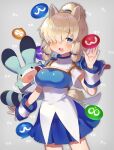  1girl alpaca_ears alpaca_girl alpaca_suri_(kemono_friends) alpaca_tail animal_ears arle_nadja arle_nadja_(cosplay) armor blonde_hair blue_eyes blue_skirt breastplate breasts carbuncle_(puyopuyo) cosplay fusion hair_over_one_eye highres kemono_friends large_breasts lucky_beast_(kemono_friends) noamem puyo_(puyopuyo) puyopuyo short_hair short_sleeves skirt tail 