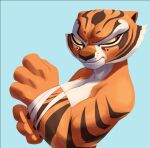  absurd_res anthro black_body black_fur breasts clothed clothing dreamworks felid female fur hi_res inker_comics kung_fu_panda mammal master_tigress orange_body orange_fur pantherine red_eyes solo striped_body striped_fur stripes tiger topless wrap yellow_sclera 