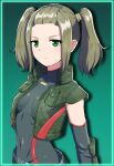  1girl breasts covered_navel cropped_vest elbow_gloves gloves green_background green_eyes highres kamidan medium_hair shania_(xenoblade) skin_tight small_breasts solo twintails upper_body vest xenoblade_chronicles_(series) xenoblade_chronicles_3 