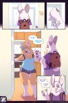  2022 anthro biped blue_clothing blue_shirt blue_topwear bottomwear breasts canid canine canis cleavage clothed clothing dialogue digital_media_(artwork) domestic_dog door duo english_text female inside june_(doubledog) kitchen_cabinet kitchen_counter lagomorph leporid male mammal nowandlater pants purple_clothing purple_shirt purple_topwear rabbit sawyer_(doubledog) shaded shirt shorts speech_bubble standing text topwear 