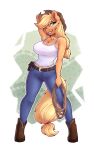  2022 absurd_res accessory anthro applejack_(mlp) belt blonde_hair blue_bottomwear blue_clothing blue_jeans blue_pants boots bottomwear breasts brown_boots brown_clothing brown_footwear brown_hat brown_headwear chest_tuft cleavage clothed clothing cowboy_hat dandy_(artist) denim denim_clothing equid equine female footwear freckles friendship_is_magic fully_clothed furgonomics green_eyes hair hair_accessory hairband hand_behind_head hasbro hat headgear headwear hi_res holding_object inner_ear_fluff jeans long_hair mammal my_little_pony one_eye_closed pants rope shirt smile solo tail_accessory tailband tank_top topwear tuft white_clothing white_shirt white_tank_top white_topwear 