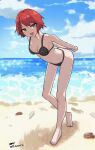  1girl :d absurdres beach bikini black_bikini breasts danganronpa_(series) danganronpa_2:_goodbye_despair dated freckles highres koizumi_mahiru medium_breasts opening_magician1309 polka_dot polka_dot_bikini red_hair short_hair signature smile solo swimsuit 