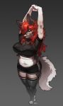  absurd_res amber_eyes anthro black_clothing black_legwear black_stockings breasts brown_body brown_fur canid canine canis claws cleavage clothed clothing curvy_figure digitigrade ear_piercing eyewear feet female fluffy fluffy_tail fur glasses hair hands_over_head hi_res inner_ear_fluff leggings legwear looking_at_viewer mammal multicolored_body multicolored_fur nipple_outline pgm300 piercing red_hair round_glasses solo stockings tuft white_body white_fur 