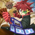  1boy arms_up black_eyes blue_eyes card closed_mouth creature duel_disk duel_monster dust dust_cloud floating gloves green-tinted_eyewear highres holding holding_card kuriboh looking_at_viewer makicha_(sasurainopink) male_focus original red_gloves red_hair smile spiked_hair standing tinted_eyewear yu-gi-oh! 