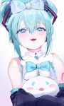  1girl :3 absurdres bare_shoulders blue_bow blue_bowtie blue_eyes blue_hair bow bowtie copyright_request detached_sleeves hair_between_eyes hair_bow hair_bun hatsune_miku highres long_sleeves looking_at_viewer mile_(off8mile) simple_background single_hair_bun smile solo vocaloid white_background white_bow 