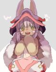  1other absurdres androgynous brown_fur ears_through_headwear fake_horns furry helmet highres horizontal_pupils horned_helmet horns made_in_abyss nanachi_(made_in_abyss) noamem open_mouth other_focus solo sweatdrop whiskers white_hair yellow_eyes 