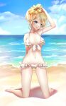  1girl absurdres beach bikini blonde_hair blue_eyes blue_sky breasts cloud flower foaming_waves frilled_bikini frills hair_flower hair_ornament hand_on_own_head highres kagamine_rin kneeling looking_at_viewer medium_breasts midriff navel noa_(retsuhim6927) ocean sand sky solo sparkle sunflower swimsuit tongue tongue_out twitter_username updo vocaloid white_bikini 