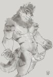  alex_nightmurr anthro body_hair bottomwear canid canine canis clothing foreskin genitals half-erect hi_res lion21 loincloth looking_at_viewer male male/male mammal muscular offscreen_character penis pubes smile solo story story_in_description tribal wolf 