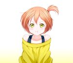  1girl :t blush commentary_request facing_viewer gradient gradient_background green_eyes hoshizora_rin love_live! love_live!_school_idol_project off-shoulder_shirt off_shoulder one_side_up orange_hair pout roaru_(gyuren) shirt short_hair solo upper_body yellow_shirt 