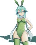  1girl absurdres aqua_eyes aqua_hair artist_name ass_visible_through_thighs batta_16-sei breasts contrapposto covered_navel green_leotard green_thighhighs grey_scarf groin_tendon gun hair_between_eyes hair_ornament hairclip hand_on_hip highres leotard looking_to_the_side medium_breasts playboy_bunny rifle scarf sinon solo sword_art_online thighhighs thighs weapon white_background wrist_cuffs 