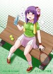  1girl alternate_costume ball bench blush bottle breasts collared_shirt commentary_request fingernails flower green_shirt hair_flower hair_ornament hieda_no_akyuu holding holding_bottle kneehighs kousei_(public_planet) medium_breasts miniskirt open_mouth pleated_skirt purple_eyes purple_hair racket red_footwear shirt shoes short_hair short_sleeves sitting skirt sneakers socks solo sportswear sweat swimsuit tennis_ball tennis_racket touhou white_socks wristband 