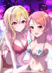  2girls bikini blonde_hair breasts brown_hair cleavage cyde highres hojo_karen idolmaster idolmaster_cinderella_girls idolmaster_cinderella_girls_starlight_stage kurosaki_chitose leaf_print long_hair looking_at_viewer midriff multiple_girls navel pool poolside red_bikini red_eyes sitting swimsuit 