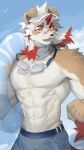  abs absurd_res anthro arknights canid canine canis clothing countershading domestic_dog fur hair hi_res horn hung_(arknights) hypergryph looking_away male mammal muscular muscular_anthro muscular_male red_hair shabi96522 solo studio_montagne swimwear video_games white_body white_fur white_hair 