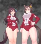  2girls absurdres air_groove_(umamusume) animal_ears arm_under_breasts bangs bare_legs bow breasts brown_hair buruma clenched_hand closed_mouth commentary_request cowboy_shot disgust ear_bow grey_background grey_eyes hair_between_eyes hair_ornament hairclip hand_on_hip highres horse_ears horse_girl horse_tail jacket jumpsuit large_breasts long_hair long_sleeves looking_at_viewer medium_breasts mejiro_dober_(umamusume) multiple_girls parted_lips purple_eyes red_buruma red_jumpsuit shaded_face shikairo shirt short_hair sidelocks standing sweat tail tracen_training_uniform track_jacket umamusume yellow_bow zipper 