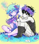  2021 2boys artist_name barefoot basil_(omori) black_eyes black_hair black_socks blush closed_mouth collared_shirt colored_skin crossed_arms crossed_legs expressionless flower grass green_eyes green_hair hair_flower hair_ornament head_wreath highres looking_at_viewer looking_away multiple_boys omori omori_(omori) overall_shorts overalls parted_lips shirt short_hair short_sleeves sintastein sitting socks white_skin yellow_shirt 