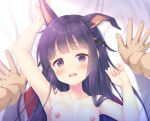  1boy 1girl animal_ears armpit_crease bangs blunt_bangs blush boy_on_top breasts collarbone completely_nude dog_ears dog_girl extra_ears hair_ribbon hetero implied_sex kasumi_(princess_connect!) long_hair looking_at_viewer lying masaki_kei nipples nude on_back open_mouth pov princess_connect! purple_eyes purple_hair ribbon small_breasts solo_focus straight_hair upper_body 