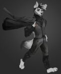  absurd_res action_pose anthro black_eyes black_hair canid canine canis charles_(dracodonmius-fursona) clothed clothing fluffy fluffy_legs formal_clothing full-length_portrait hair hi_res looking_at_viewer male mammal miscellaneous_eyes neck_tuft portrait pose serious solo taxevdr tuft walking well_dressed wolf 