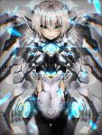  1girl angel blonde_hair blue_eyes bodysuit breasts clothing_cutout commentary_request halo headgear highres ibispaint_(medium) looking_at_viewer mecha_musume mechanical_wings original short_hair small_breasts solo stomach_cutout user_zwga8247 white_bodysuit wings 