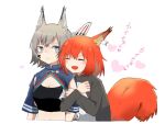  2girls animal_ears arknights arm_hug ashlock_(arknights) black_shirt blue_eyes blush breasts cleavage closed_eyes cropped_arms cropped_torso ear_covers ear_tag fang flametail_(arknights) grey_hair heart looking_at_viewer multiple_girls open_mouth oripathy_lesion_(arknights) red_hair shirt simple_background small_breasts squirrel_ears squirrel_girl squirrel_tail tail toto_(t0t00629) white_background yuri 