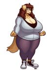  3:4 anthro big_breasts blazbaros blue_eyes bottomwear breasts brown_hair canid canine canis clothed clothing domestic_dog eyewear female footwear fur glasses hair hi_res huge_breasts mammal pants shoes slightly_chubby solo yoga_pants 