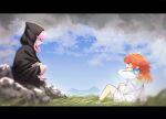  2girls bare_legs barefoot black_cloak cloak crossed_legs earrings feather_earrings feathers feet full_body gradient_hair hololive hololive_english hood hood_up hooded_cloak jewelry legs long_hair looking_at_another mori_calliope multicolored_hair multiple_girls no_shoes orange_hair pink_hair purple_eyes red_eyes sh0u_exe sitting soles surprised takanashi_kiara toes virtual_youtuber younger 