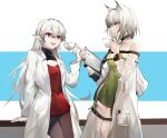  2girls :d animal_ears arknights arm_support bangs black_pantyhose braid cat_ears coat cowboy_shot crown_braid cup dress green_dress green_eyes hair_between_eyes hand_up highres holding holding_cup kal&#039;tsit_(arknights) long_hair long_sleeves multiple_girls off-shoulder_dress off_shoulder open_clothes open_coat open_mouth pantyhose pointy_ears red_dress red_eyes short_dress short_hair smile standing tabayashi teacup very_long_hair warfarin_(arknights) white_coat white_hair 