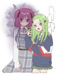  2girls alternate_costume blue_eyes blue_sweater brown_eyes double_bun dress fang green_hair green_skirt grey_dress hair_behind_ear hair_bun highres holding holding_phone long_hair macross macross_delta macross_delta:_zettai_live!!!!!! multiple_girls open_mouth phone pink_hair plaid plaid_dress pointy_ears sailor_collar sechi_(stst1850) short_hair skirt sleeves_past_wrists sweater yami_makina yami_reina 