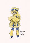  1boy animal bandaid bandaid_on_face bandaid_on_nose blonde_hair blue-tinted_eyewear blue_eyes blue_footwear bug closed_mouth full_body fur-trimmed_jacket fur_trim goggles goggles_on_head hair_between_eyes harurie holding holding_animal jacket joltik leg_warmers long_sleeves looking_at_viewer male_focus off_shoulder personification pokemon pokemon_(creature) short_hair sleeveless sleeves_past_fingers sleeves_past_wrists solo spider spiked_hair standing tinted_eyewear turtleneck white_background yellow_headwear yellow_jacket zipper 
