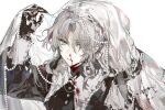  1boy androgynous arm_up black_gloves blood blood_from_mouth blood_on_clothes blood_on_face eyes_visible_through_hair gem gloves green_eyes grey_background grey_hair highres male_focus nevakuma_(fanfanas) nosebleed original pearl_(gemstone) simple_background solo upper_body veil 