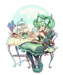  &gt;o&lt; 1girl 9twoeight black_pantyhose blue_bow bow chair cinnamiku cinnamoroll cup flower green_eyes green_footwear hair_bow hatsune_miku high_heels highres holding holding_cup holding_plate long_sleeves looking_at_another medium_hair one_eye_closed pantyhose plate red_bow sitting table teacup teapot vase vocaloid 