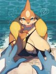  3:4 anthro baburusushi big_breasts blush breasts clothed clothing female floatzel hi_res looking_at_viewer mammal nintendo outside pok&eacute;mon pok&eacute;mon_(species) riolu swimwear video_games water 