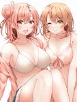  2girls :d bangs bikini bikini_top_only blue_shorts blush breasts brown_eyes brown_hair cleavage closed_mouth commentary_request floral_print hair_bun highres isshiki_iroha jacket knees_up large_breasts looking_at_viewer medium_breasts medium_hair multiple_girls one_eye_closed open_mouth pink_hair pink_jacket print_bikini red_hayao short_hair shorts simple_background single_hair_bun single_side_bun sitting smile swimsuit white_background white_bikini yahari_ore_no_seishun_lovecome_wa_machigatteiru. yellow_eyes yuigahama_yui 