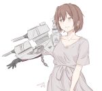  1girl adapted_turret black_gloves brown_hair cannon dress furutaka_(kancolle) gloves glowing glowing_eye grey_dress heterochromia kantai_collection kusakasima machinery official_alternate_costume short_hair simple_background solo turret upper_body white_background yellow_eyes 