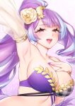  1girl armpits bangs bikini breasts cleavage dated detached_sleeves floating_hair flower grey_bikini hair_flower hair_ornament half-closed_eyes hand_on_own_chest highres large_breasts long_hair looking_at_viewer macross macross_delta mikumo_guynemer plaid plaid_bikini ponytail purple_bikini purple_hair purple_nails red_eyes sasanoneko see-through see-through_sleeves solo swimsuit twitter_username two-tone_bikini very_long_hair w yellow_flower 