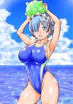  1girl arms_up ball blue_eyes blue_hair blue_sky blue_swimsuit cloud competition_swimsuit covered_navel day hair_ornament hair_over_one_eye hair_ribbon highleg highleg_swimsuit highres horizon mikan_ame_q ocean one-piece_swimsuit open_mouth outdoors pink_ribbon re:zero_kara_hajimeru_isekai_seikatsu rem_(re:zero) ribbon round_teeth short_hair sky smile soaking_feet solo standing swimsuit teeth upper_teeth water x_hair_ornament 