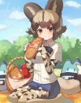  1girl african_wild_dog_(kemono_friends) african_wild_dog_print animal_ears baguette blue_bow blue_bowtie blush bow bowtie bread brown_eyes brown_hair collared_shirt crumbs cutoffs denim denim_shorts dog_ears dog_girl dog_tail eating food food_on_face highres japari_symbol kemono_friends light_brown_hair long_sleeves looking_at_viewer lucky_beast_(kemono_friends) multicolored_hair no_shoes noamem outdoors pantyhose picnic_basket print_legwear print_sleeves seiza shirt short_hair short_shorts shorts sidelocks sitting solo tail thermos white_shirt 