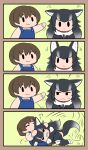  1boy 1girl animal_ears black_hair blush bokoboko_(pandagapanda1) brown_hair captain_(kemono_friends) closed_eyes closed_mouth commentary fur_collar grey_wolf_(kemono_friends) hand_on_another&#039;s_head headpat highres kemono_friends kemono_friends_3 necktie overalls petting plaid_necktie smile sweatdrop tail teasing thighhighs wolf_ears wolf_girl wolf_tail 