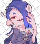  1girl :d bare_shoulders blue_hair earrings flat_chest hachimaki hair_over_one_eye hand_up headband highres jewelry long_hair multiple_earrings nejiri_hachimaki nmuy octarian poncho red_eyes see-through sharp_teeth shiver_(splatoon) smile solo splatoon_(series) splatoon_3 suction_cups teeth tentacle_hair upper_body 