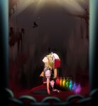  1girl absurdres ascot blonde_hair blood blood_splatter chain commentary_request crystal flandre_scarlet from_side hat hat_ribbon highres kinese_(katasutorohu) light light_particles looking_up mob_cap puffy_short_sleeves puffy_sleeves red_eyes red_ribbon red_skirt red_vest ribbon shirt short_sleeves skirt solo touhou vest white_shirt wings yellow_ascot 