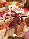  abstract_background absurd_res amaterasu anthro barefoot breasts breath canid canine canis capcom cape claws clothed clothing deity demon_slayer elemental_manipulation feet female fire fire_manipulation fur fur_markings hair handpaw hi_res hindpaw holding_object holding_weapon inner_ear_fluff katana kneeling legwear looking_away mammal markings melee_weapon pawpads paws potatokamaos red_body red_fur samurai solo sword thigh_highs topwear tuft video_games warrior weapon white_body white_fur white_hair wolf yellow_eyes ōkami 