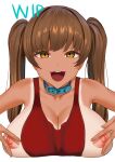  1girl :d animal_collar belt_collar breast_rest breasts breasts_out brown_hair camisole cleavage collar danchino highres large_breasts long_hair looking_at_viewer nipples original red_camisole simple_background smile solo twintails unfinished white_background yellow_eyes 