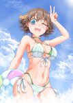  1girl absurdres ball beachball bikini blue_sky breasts brown_hair cleavage cloud cowboy_shot day flipped_hair headgear hiei_(kancolle) highres kantai_collection layered_bikini looking_at_viewer medium_breasts one_eye_closed oohasikennta2002 outdoors purple_eyes short_hair side-tie_bikini sky solo swimsuit v white_bikini 