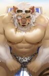  abs anthro biceps brown_body brown_fur bulge clothed clothing eyewear fangs felid final_fantasy final_fantasy_xiv fur hachi_duchi hair hi_res hrothgar leopard_print_swimwear male mammal muscular muscular_anthro muscular_male nipples pecs radovan_(ffxiv) solo speedo_only square_enix sunglasses swimwear teeth video_games white_hair 