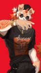  absurd_res anthro arknights black_clothing canid canine canis clothed clothing domestic_dog eyewear fur glasses hi_res hypergryph looking_at_viewer male mammal red_background shabi96522 simple_background solo studio_montagne tattoo video_games white_body white_fur 