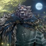  1:1 aliensymbol anthro armor black_sclera blaidd_(elden_ring) brooch canid canine canis cape clothing elden_ring fangs fromsoftware full_moon hi_res male mammal moon pivoted_ears purple_eyes scar solo video_games wolf 