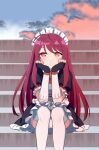  1girl apron closed_mouth cloud cloudy_sky facing_viewer jiitarou kujou_riu long_hair looking_ahead looking_at_viewer mahjong_soul maid maid_apron maid_headdress pink_eyes red_hair sitting sitting_on_stairs sky solo stairs stairwell sunset thighhighs 