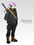  1boy absurdres alternate_universe black_jacket black_pants black_shirt blue_eyes boots capsule_corp character_name closed_mouth dragon_ball dragon_ball_super dragon_ball_super_super_hero full_body hand_in_pocket highres horang4628 jacket looking_at_viewer male_focus pants pouch purple_hair shirt short_hair solo standing sword sword_behind_back trunks_(dragon_ball) trunks_(future)_(dragon_ball) weapon 